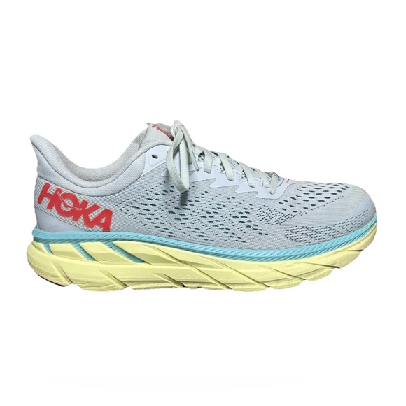 Hoka One One Clifton 7 Women's Morning Mist/Hot Coral Running Shoes Size 9.5